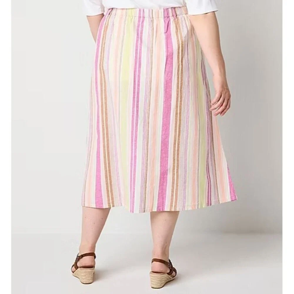St John's Bay Women's‎ Plus XXL Midi A-Line Skirt Linen Blend Warm Stripe NWT